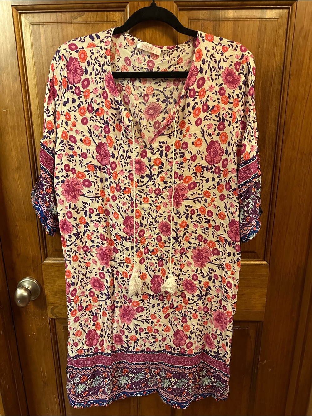 Halife Pink and Orange Floral Tassel Tunic